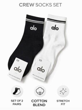 Alo Yoga Crew Socks Set Black White Unisex Size S/M New With Tags Cotton Blend
